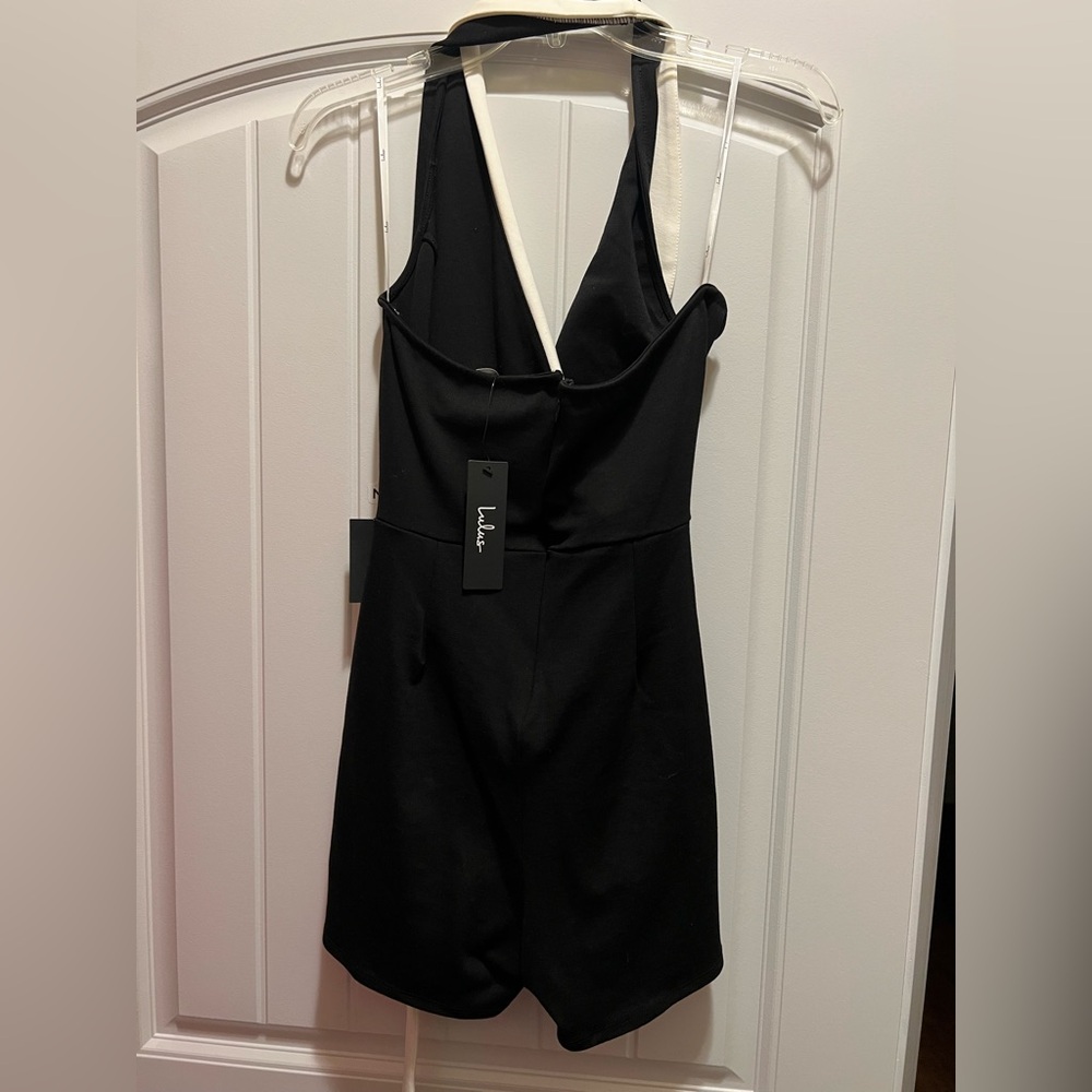 Lulus Black Color Block Collared Halter Wrap Skort Romper - Picture 6 of 6